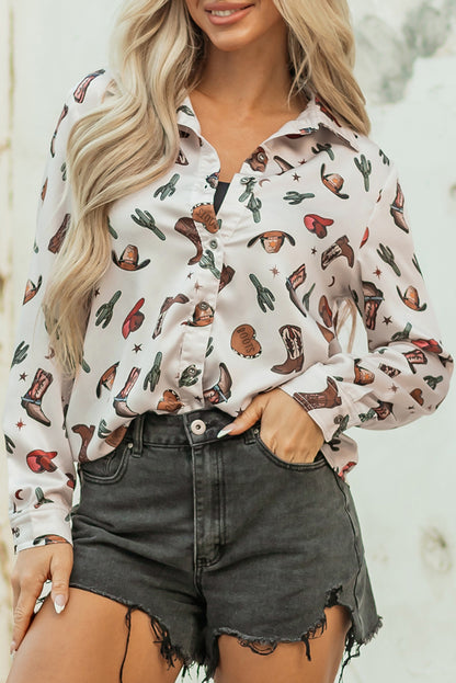 White Western Fashion Print Button Up Casual Shirt