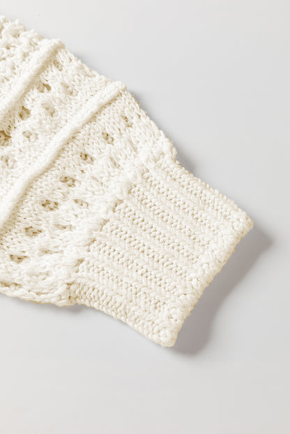Weißer, einfarbiger Pointelle-Strickpullover mit Puffärmeln