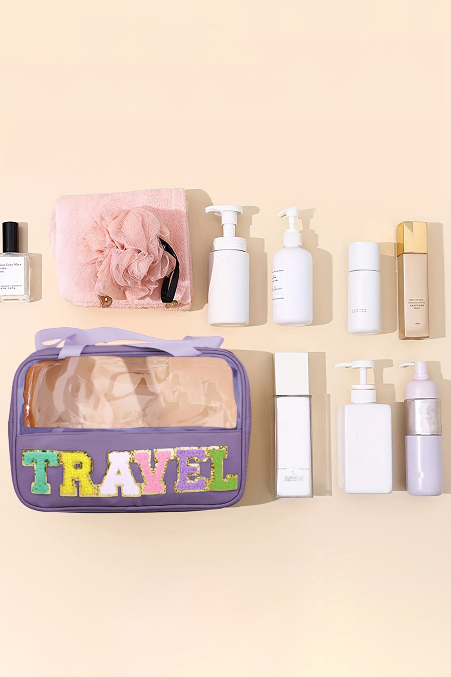 Lilafarbene Kosmetiktasche aus Chenille mit Buchstaben, transparent, PVC