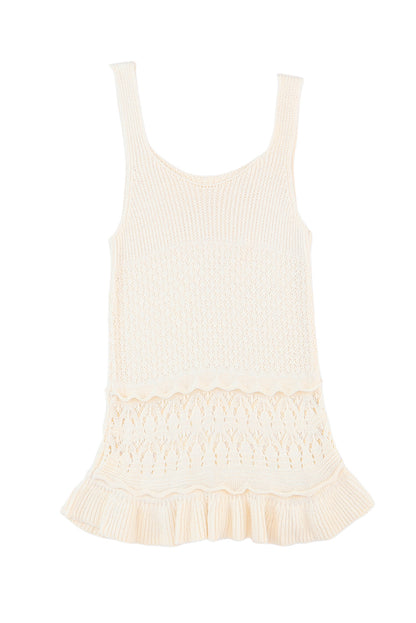 Beige Crochet Ruffled Hem Knitted Vest