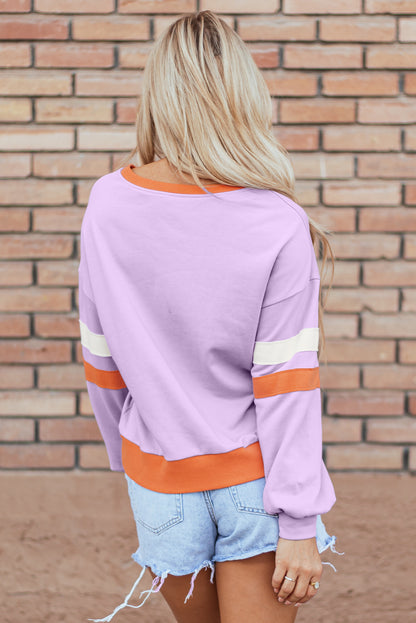 Orchid Bouquet Kontrast Rippstrick Patchwork Überschnittene Schultern V-Ausschnitt Sweatshirt