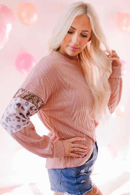 Rosa Strickoberteil mit Leopardenmuster und Pailletten