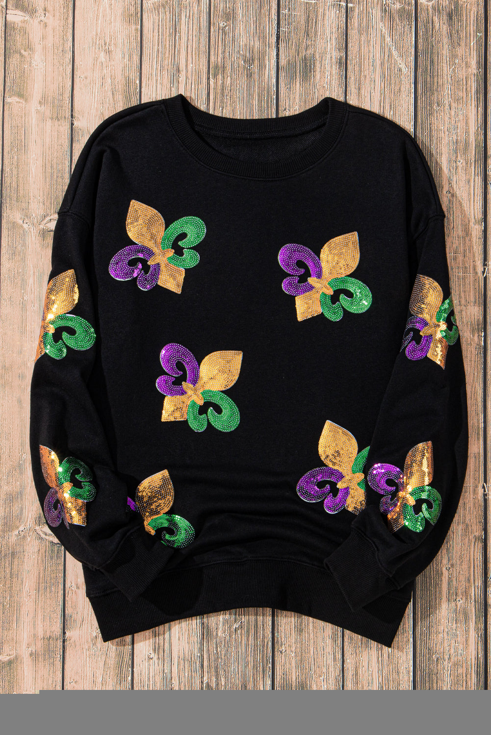 Schwarzes Pullover-Sweatshirt mit Mardi Gras-Grafik und Pailletten