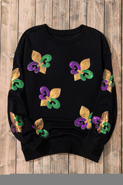 Schwarzes Pullover-Sweatshirt mit Mardi Gras-Grafik und Pailletten