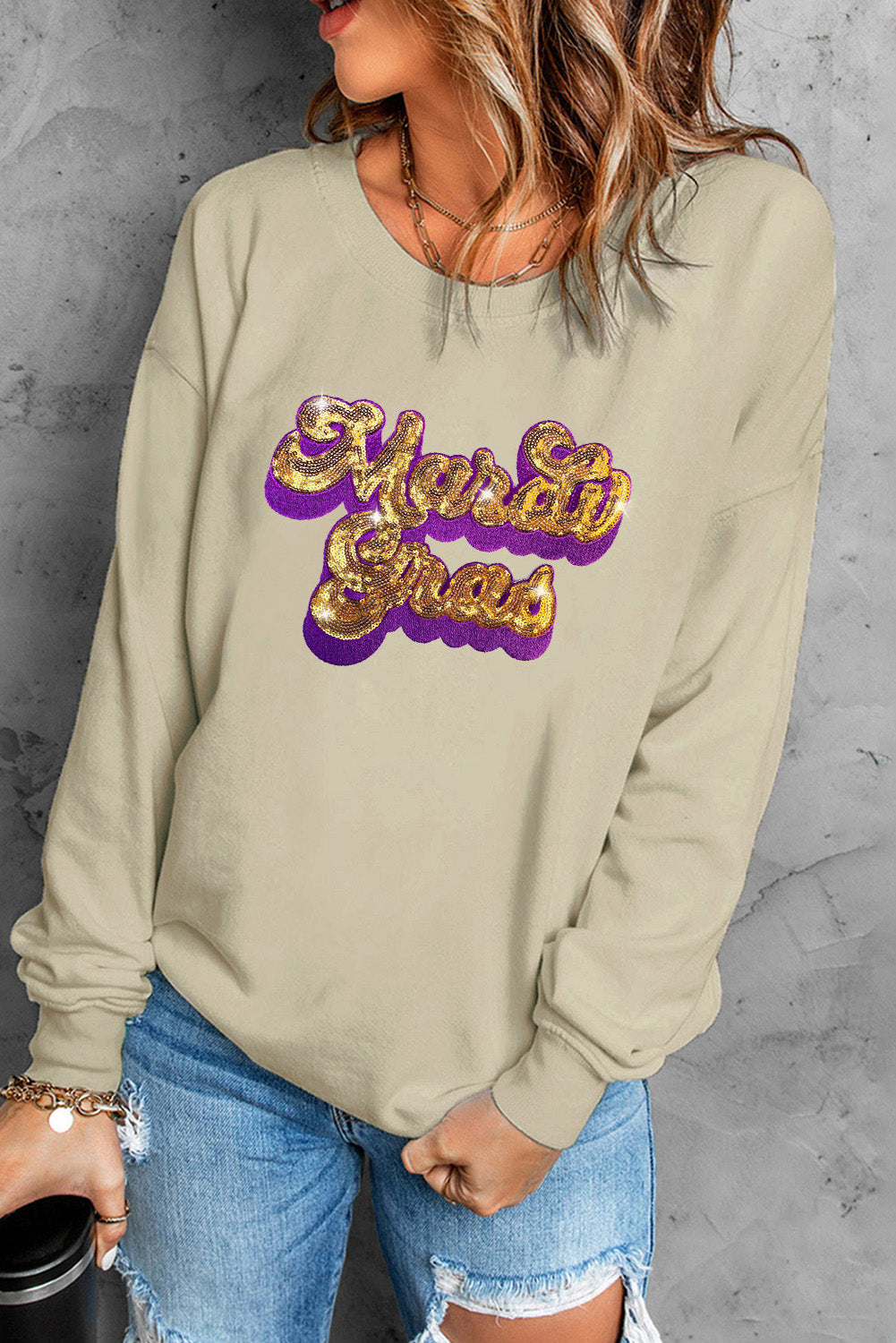 Khakifarbenes Sweatshirt mit Mardi Gras-Pailletten-Stickerei