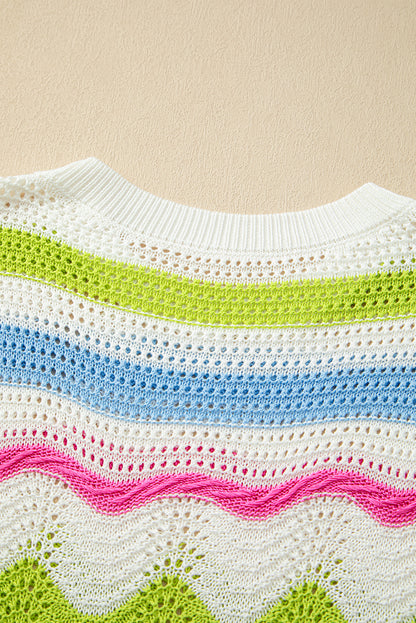 Weißes, kurzärmliges Pullover-Oberteil mit Häkelstrick und Farbblockdesign