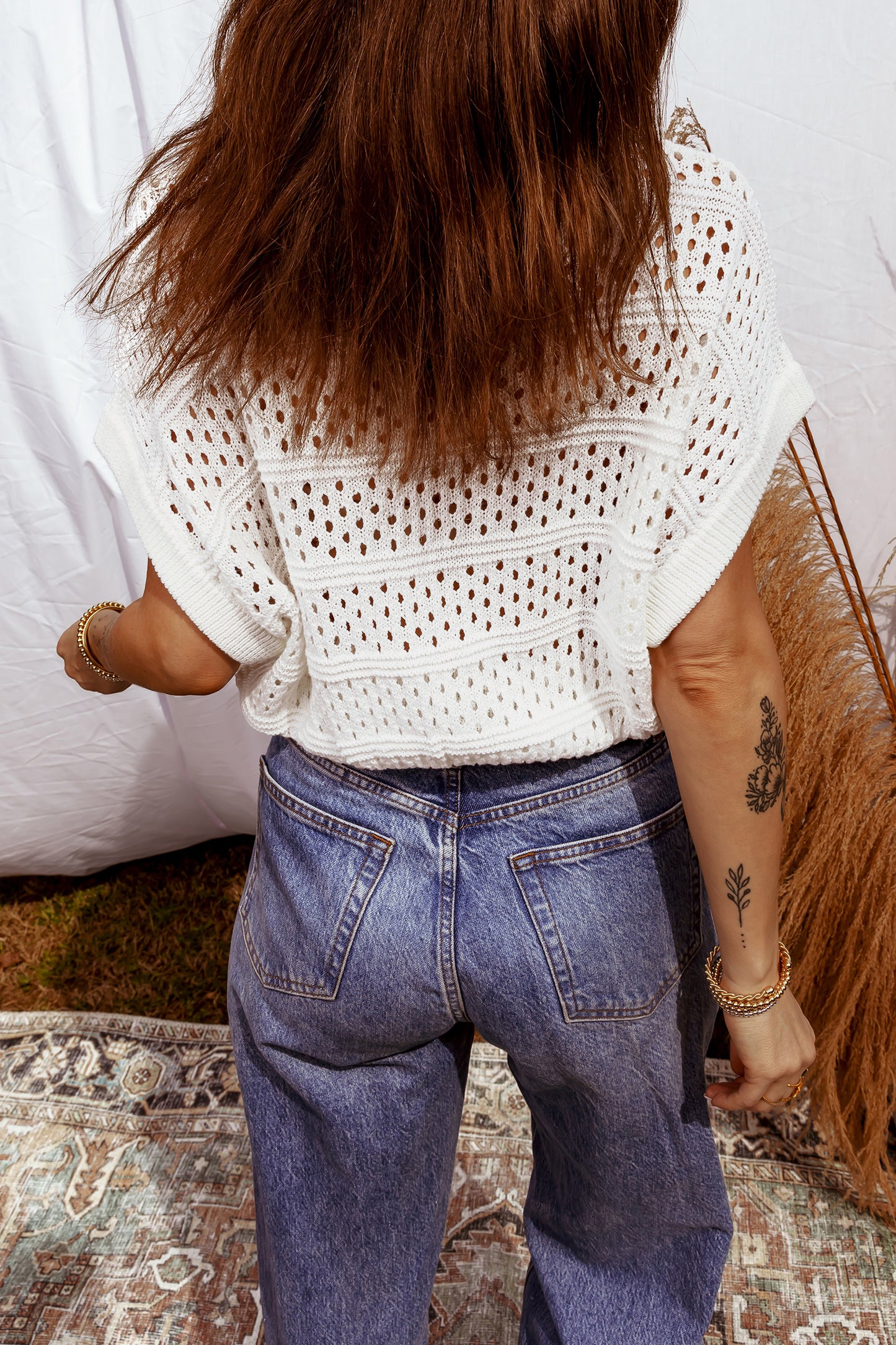 White Hollow Out Knit Round Neck Dolman Sweater