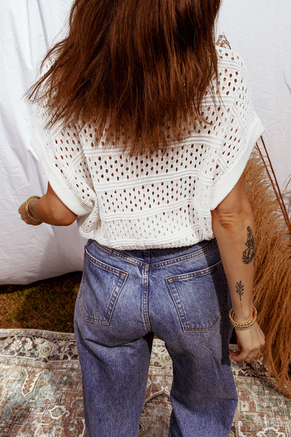 White Hollow Out Knit Round Neck Dolman Sweater