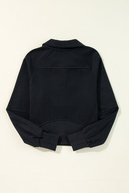 Schwarzes Sweatshirt mit Viertelreißverschluss, Stehkragen und Kängurutasche