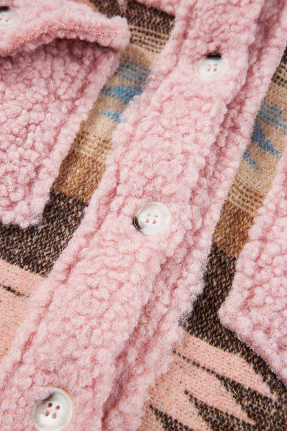 Rosa Sherpa-Mantel mit geknöpfter Pattentasche und Western-Aztekenmuster