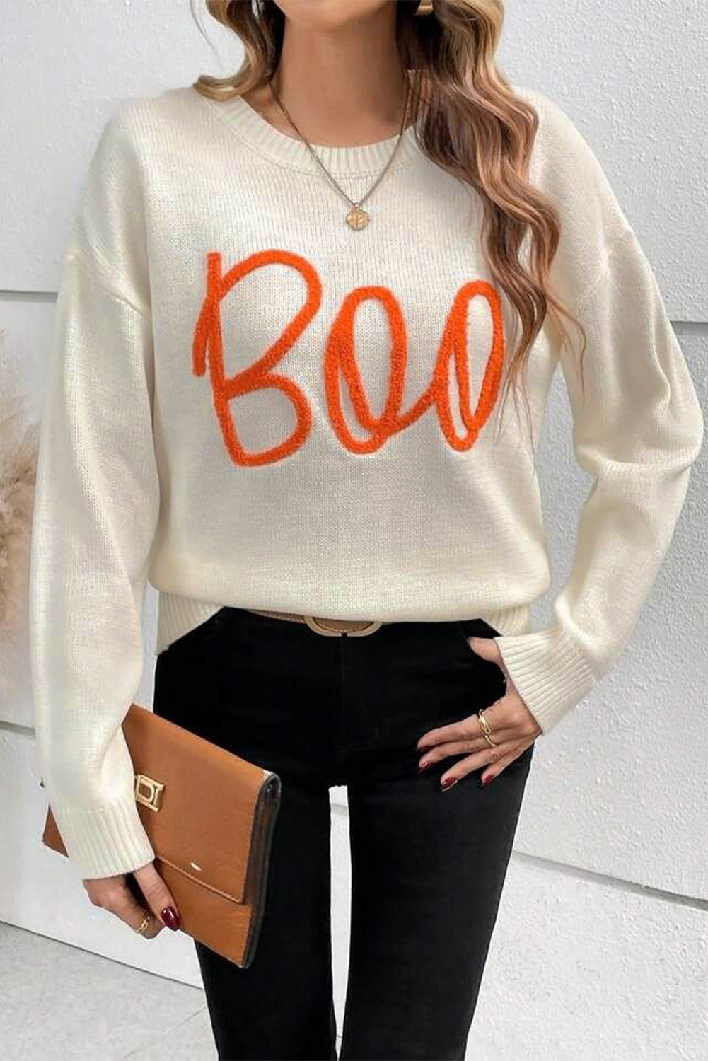 Apricot Boo – Pullover mit Strickmuster, geripptem Rand und überschnittener Schulter
