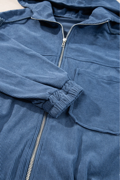 Echte blaugrüne Cordjacke mit Kordelzug, Kapuze und Reißverschluss