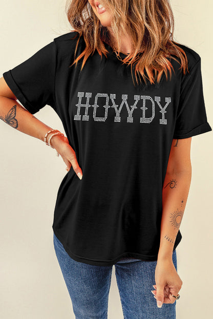 Schwarzes HOWDY Slim Fit T-Shirt mit Rundhalsausschnitt und Strass