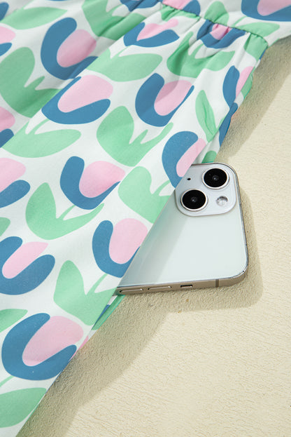 Green Floral Print Notched Neck Scalloped Detail Long Sleeve Mini Dress