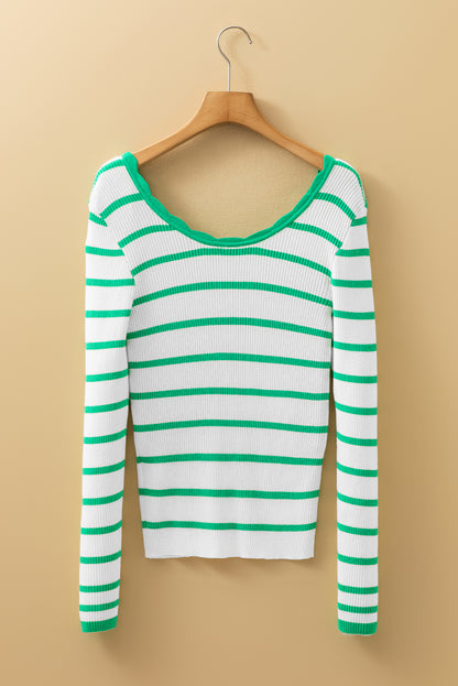 Bright Green Scalloped Trim U Neck Striped Ribbed Slim Sweater