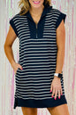 Navy Blue Quarter Zip Collared Cap Sleeve Mini Dress