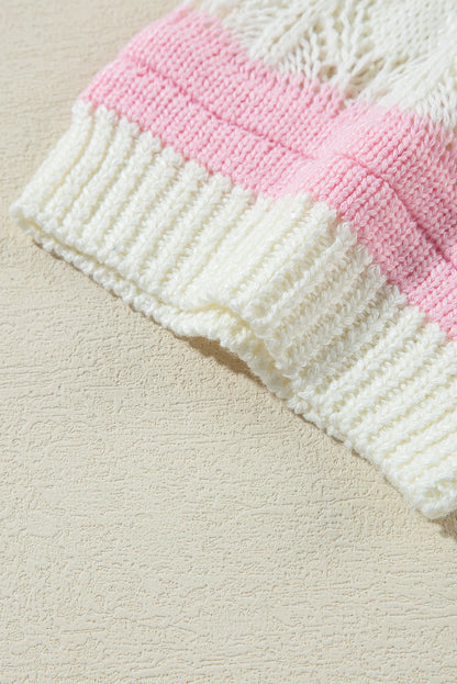 Braun gestreifter Farbblock-Pullover mit halblangen Ärmeln und ausgehöhltem Häkelmuster