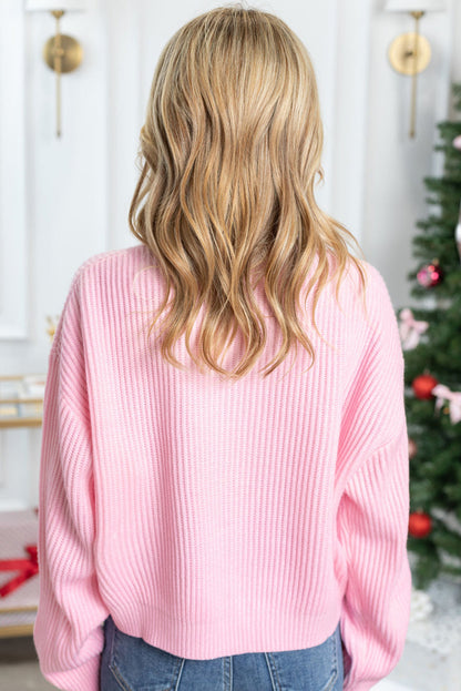 Rosafarbener Merry &amp; Bright Pop-Up-Waffel-Strickpullover mit Buchstaben