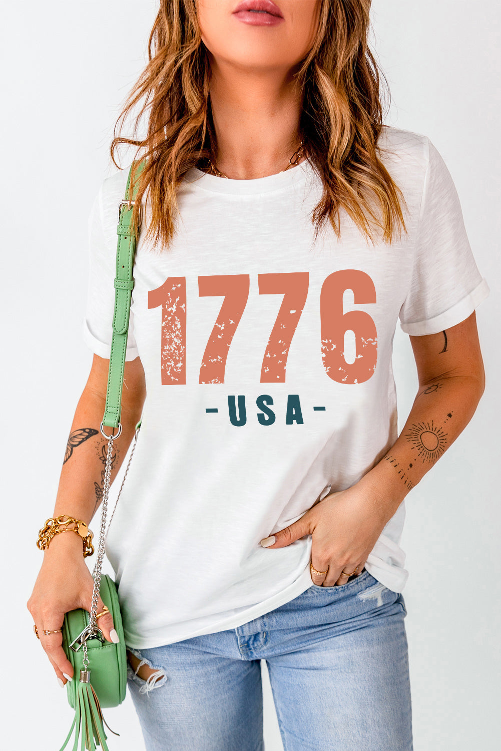 Weißes T-Shirt mit USA-Vintage-Grafik von 1776