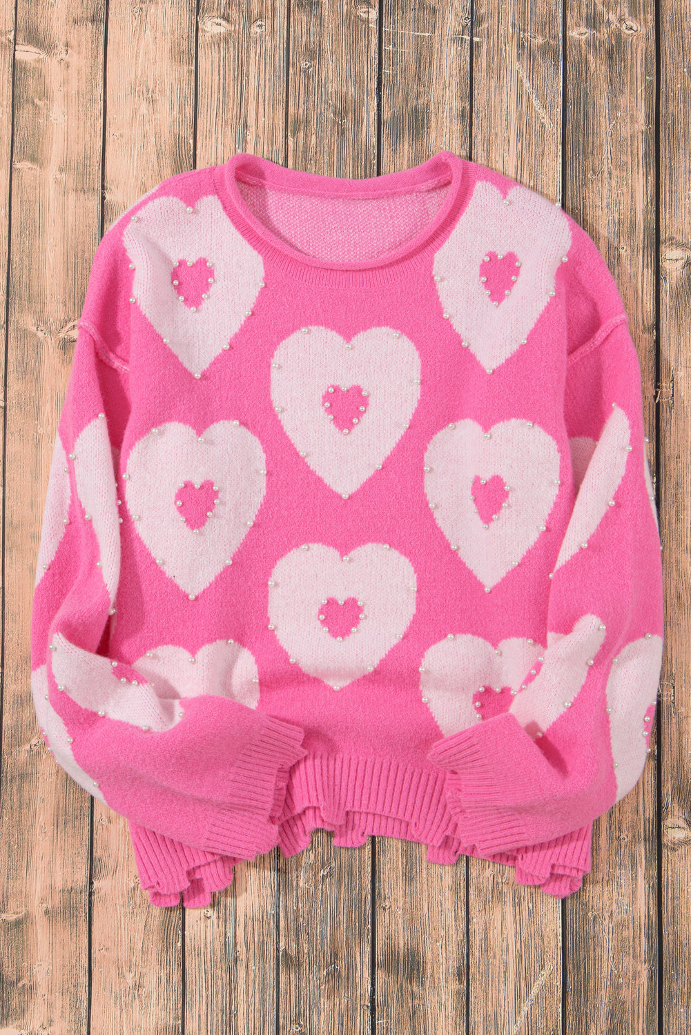 Bonbon Pullover mit Perlen und Herz-Ausschnitt und überschnittener Schulter