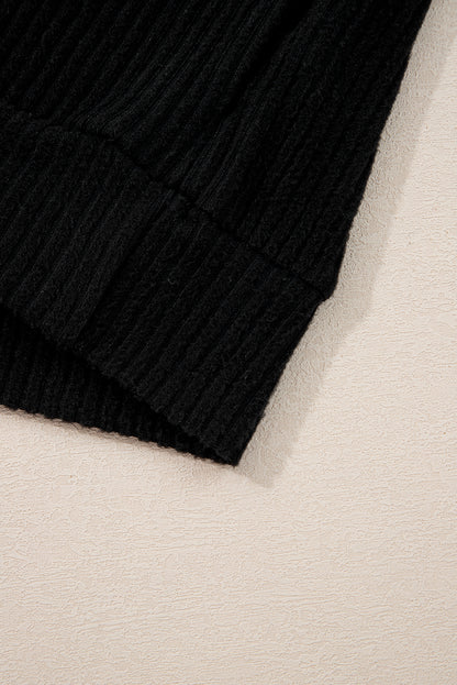 Black Ribbed Zip Stand Neck Drop Shoulder Pullover Bodycon Skirt 2pcs Set