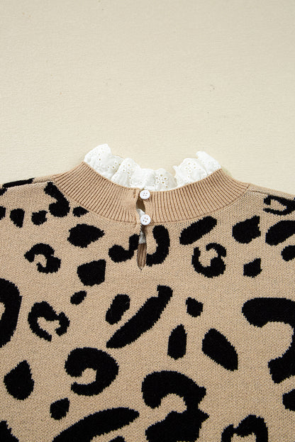Brown Leopard Pattern Lace Ribbed Detail Button Cuffed Sweater
