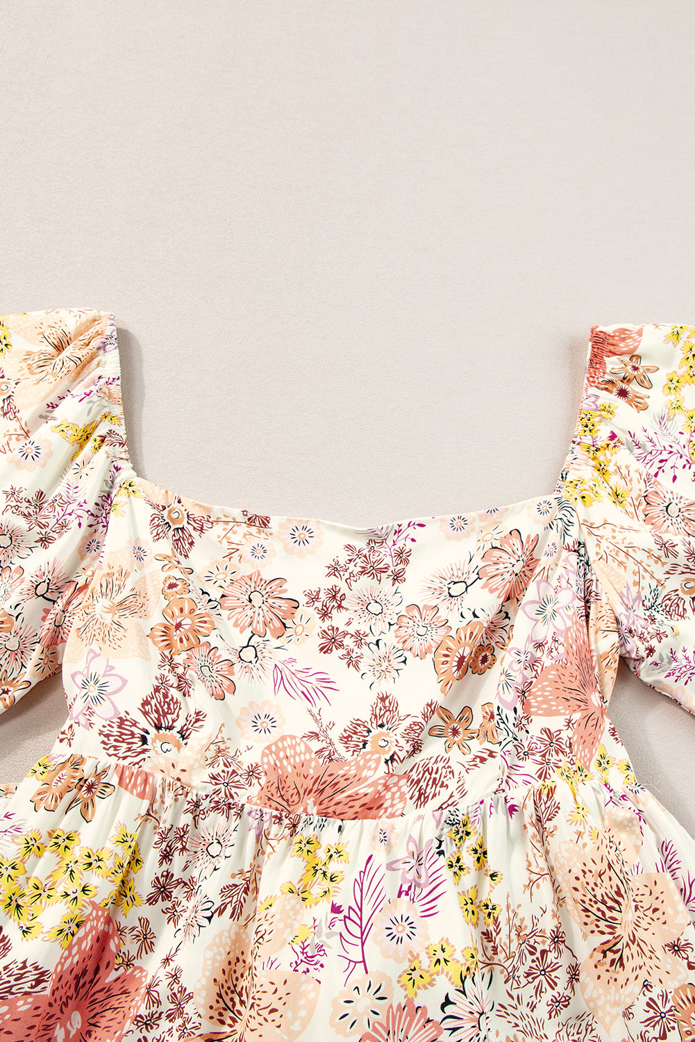 Khaki Floral Short Sleeve Square Neck Mini Dress