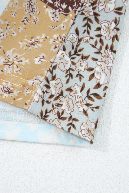 White Floral Printed Contrast Patchwork Long Sleeve Top