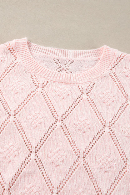 Kurzer Pullover mit durchbrochenem Karomuster und Puffärmeln in zartem Rosa