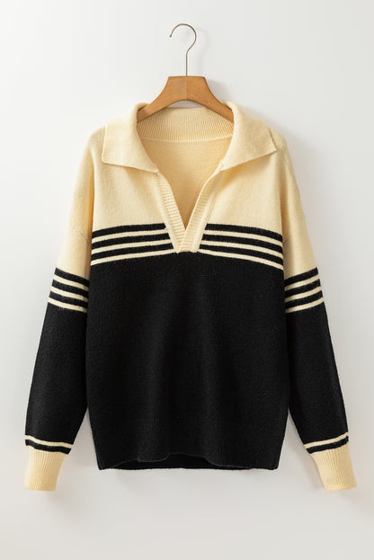 Schwarzer Pullover mit Colorblock-Streifen und V-Ausschnitt