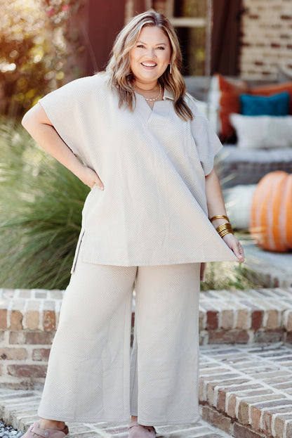 Beiges Plus Size Set aus strukturiertem Oberteil und Hose mit Kragen