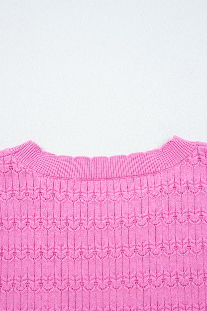 Bright Pink Trendy Pattern Knit Ribbed Cuffs Crew Neck Sweater