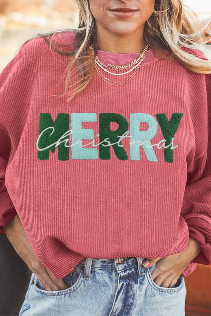 Erdbeerrosa „MERRY Christmas“ Chenille-Sweatshirt mit Stickerei