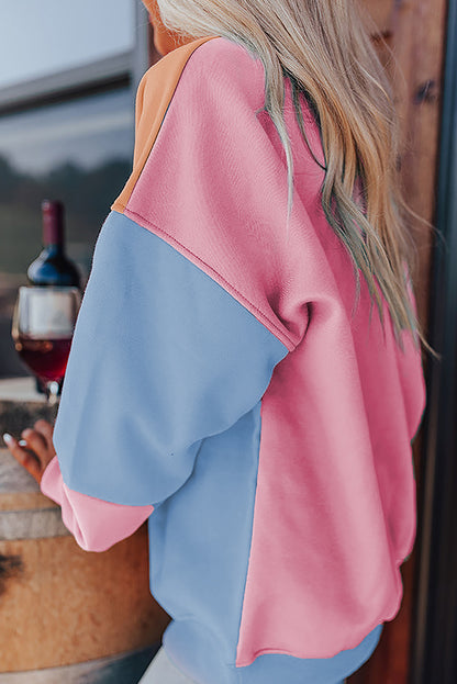 Himmelblaues Sweatshirt mit überschnittener Schulter und Patchwork-Farbblock