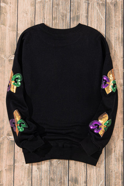 Schwarzes Pullover-Sweatshirt mit Mardi Gras-Grafik und Pailletten