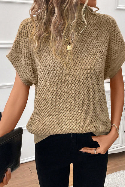 Strukturierter Rollkragenpullover mit kurzen Ärmeln in Hellkhaki