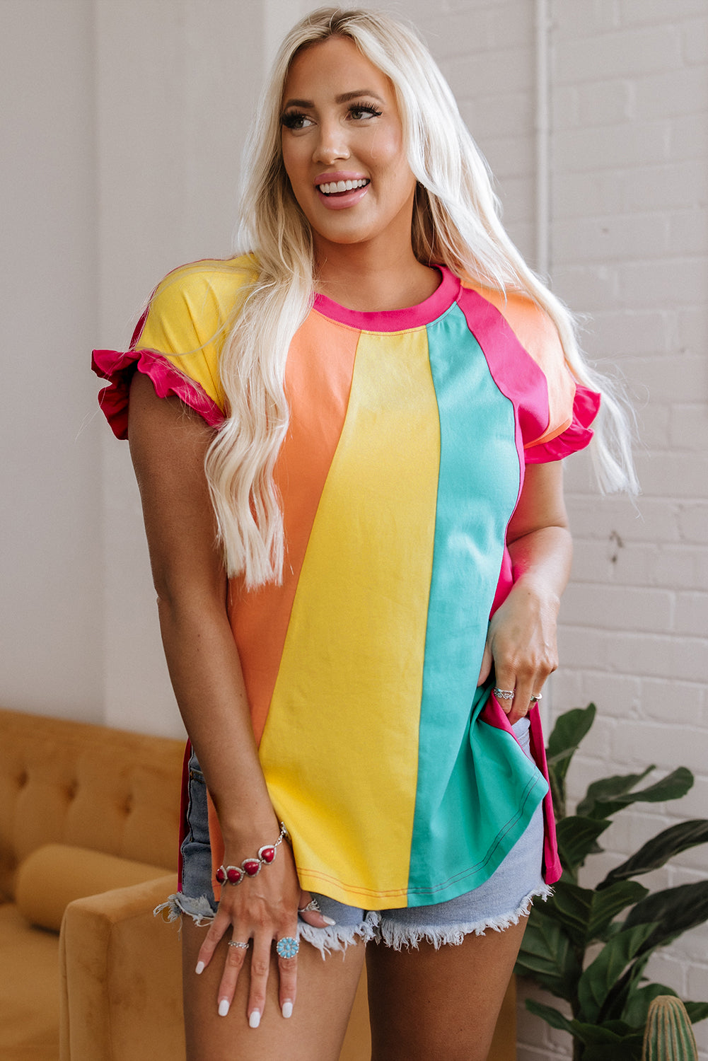 Rosarotes T-Shirt mit Rundhalsausschnitt und lockerer Passform und Farbblock