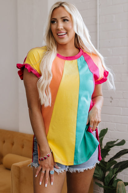 Rosarotes T-Shirt mit Rundhalsausschnitt und lockerer Passform und Farbblock