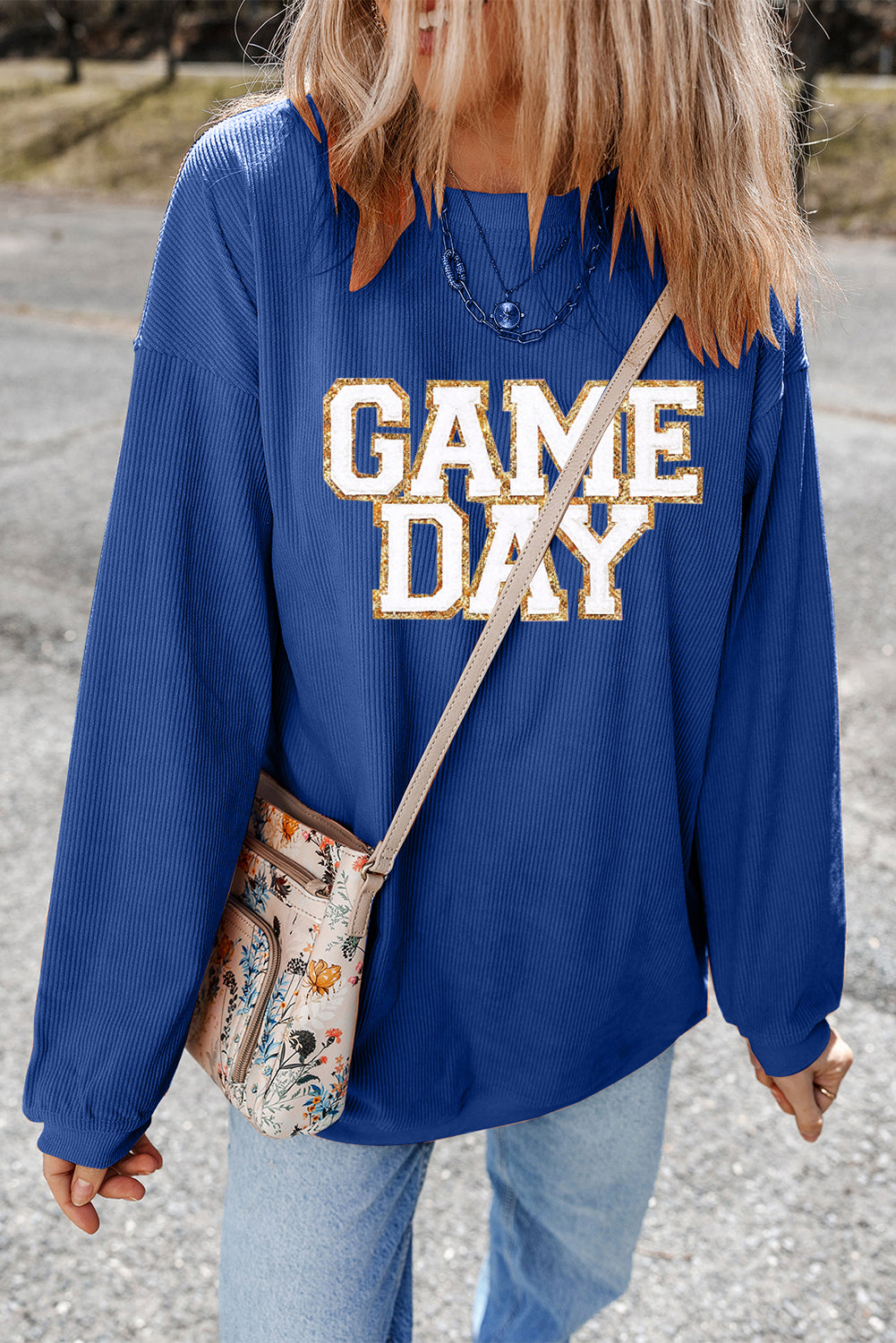 Dunkelblaues GAME DAY-Sweatshirt mit Glitzerdetail und überschnittener Schulterpartie