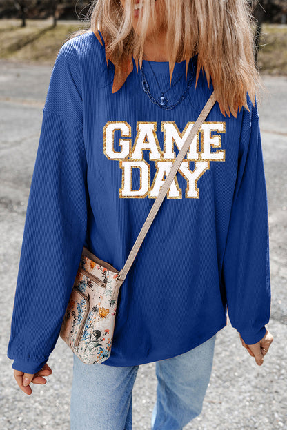 Dunkelblaues GAME DAY-Sweatshirt mit Glitzerdetail und überschnittener Schulterpartie