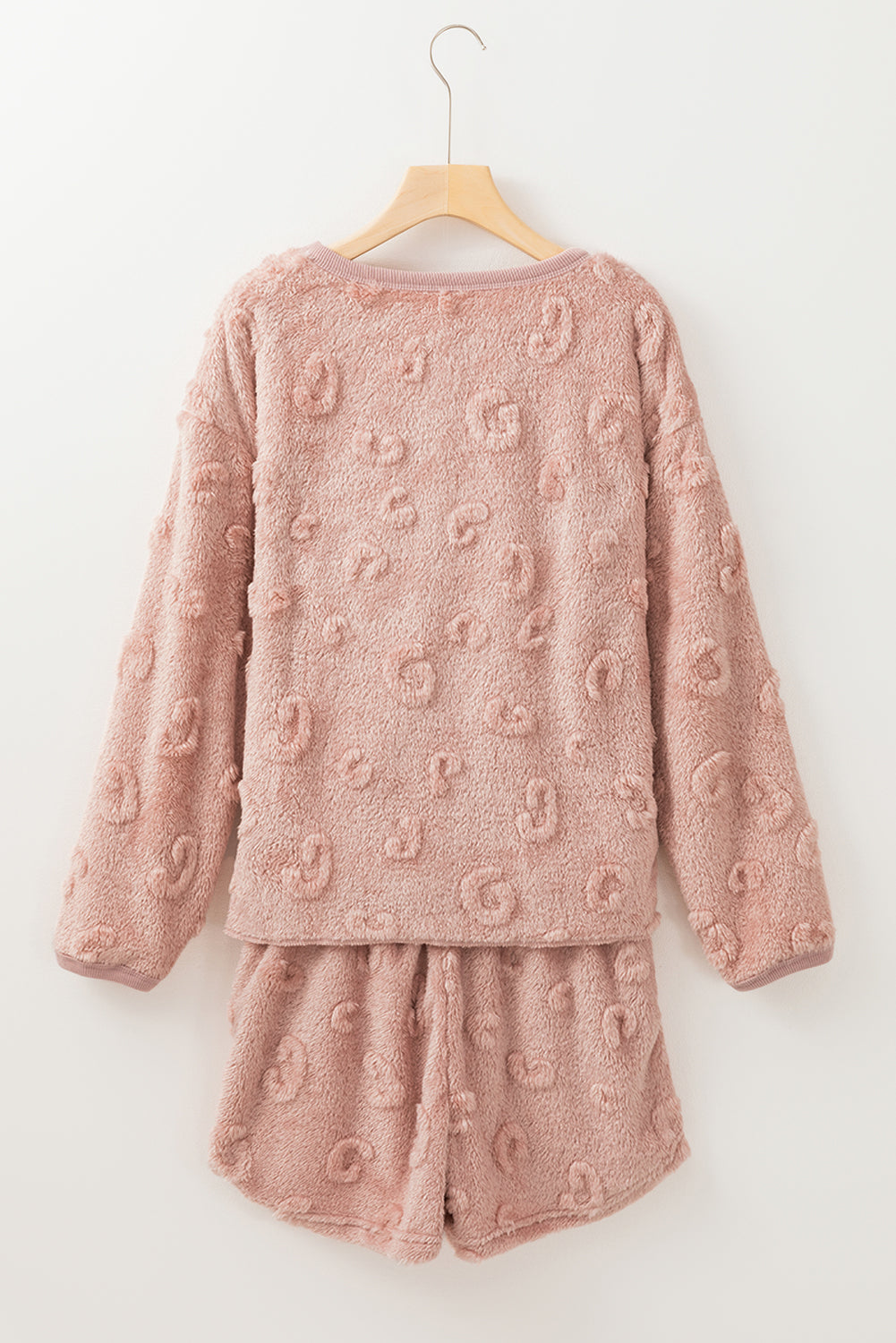 Hellrosa, strukturiertes, lockeres, zweiteiliges Lounge-Set aus Fleece mit Leopardenmuster