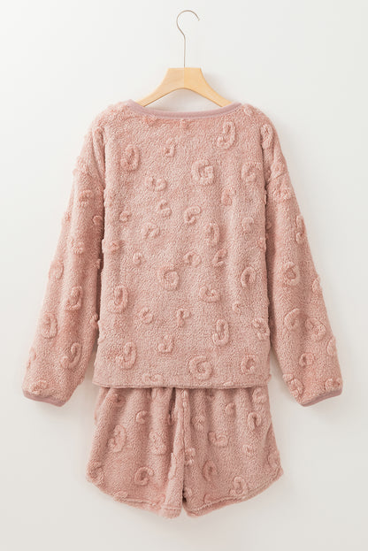 Hellrosa, strukturiertes, lockeres, zweiteiliges Lounge-Set aus Fleece mit Leopardenmuster