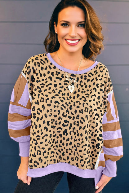 Purple Leopard Striped Patchwork Plus Size Loose Sweatshirt