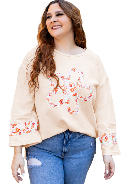 Beiges Plus Size Top mit Rundhalsausschnitt und Blumenpatches