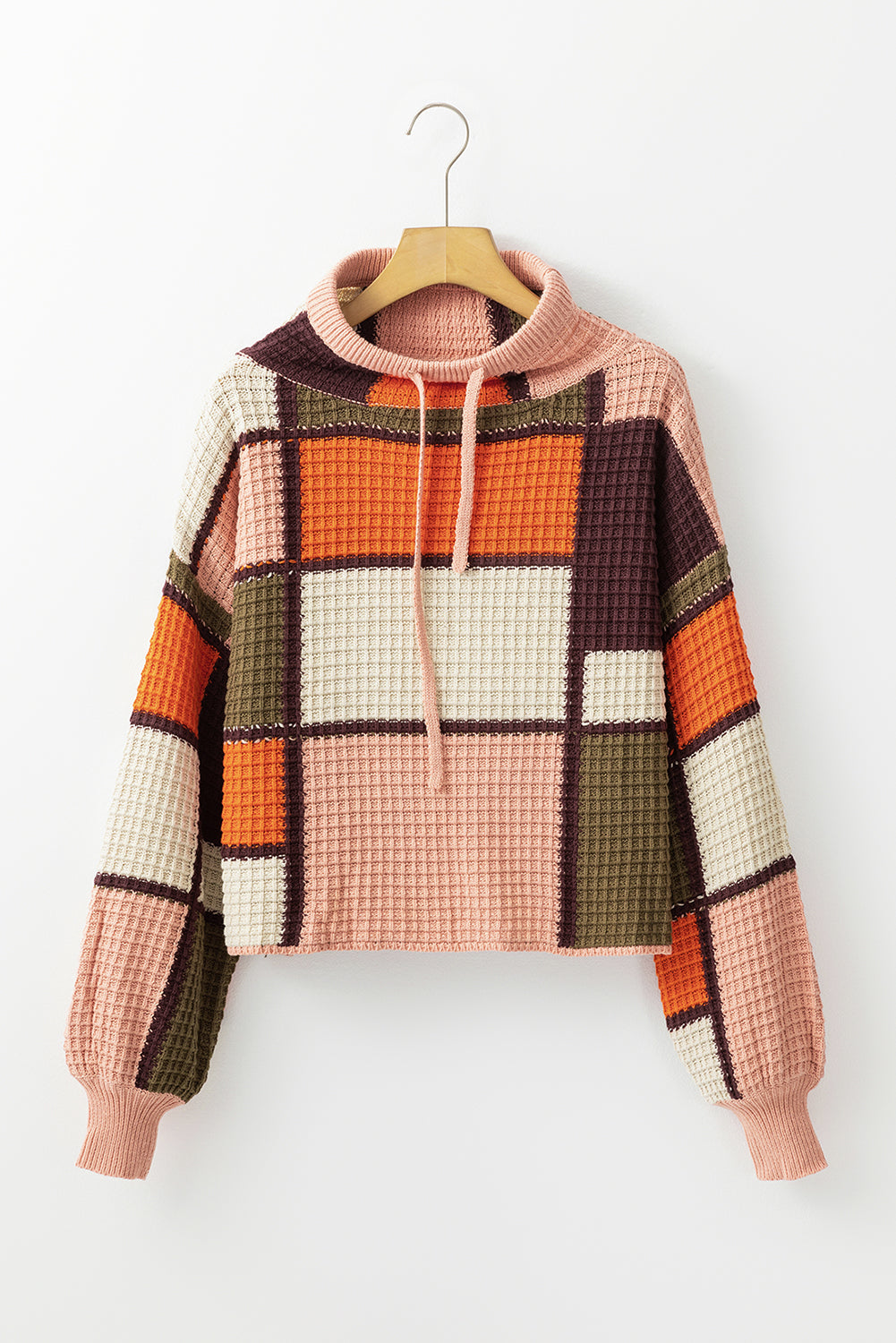Oranger Rollkragenpullover mit Waffelstrick und Kordelzug in Farbblock-Optik