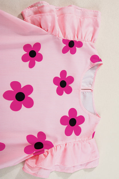 Rosa Bluse mit Nadelstreifen und Blumenmuster, Rüschen und Flatterärmeln