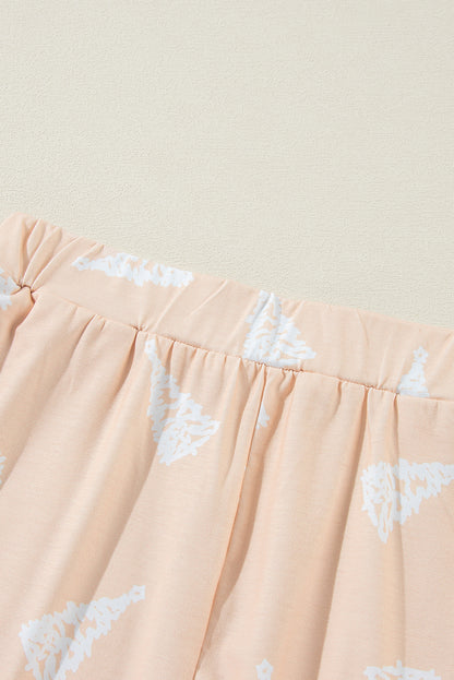 Aprikosenfarbenes, zweiteiliges Pyjama-Set mit Weihnachtsbaum-Print und lockerer Passform