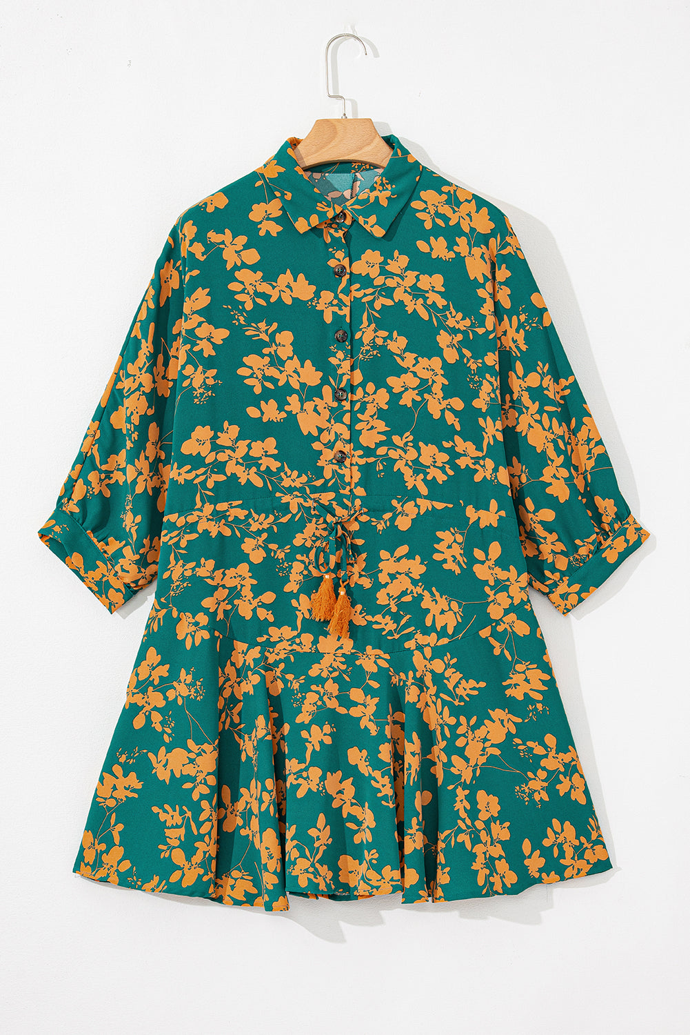Grünes, fließendes, kurzes Tunika-Kleid mit Blumenmuster und Kordelzug