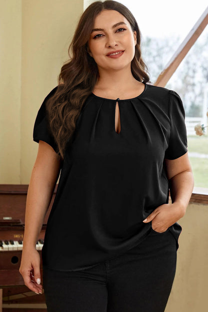 Black Keyhole Pleated Crew Neck Plus Size T Shirt