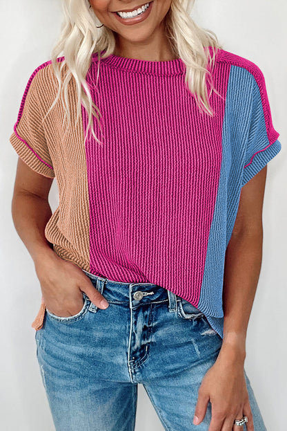 Rosarotes strukturiertes Colorblock-T-Shirt mit Rundhalsausschnitt